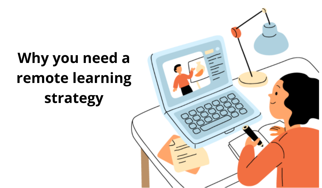 a graphic of a woman on her laptop representing a remote learning strategy