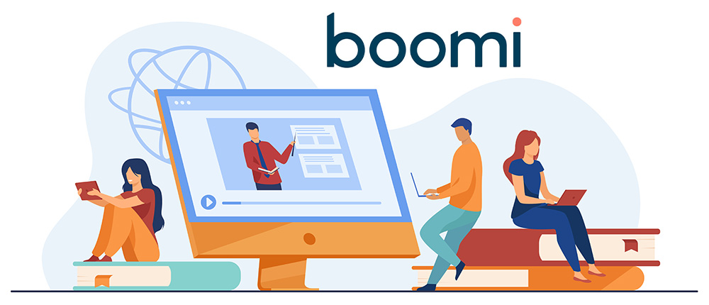 Vector image of studnets learning online for Boomi course