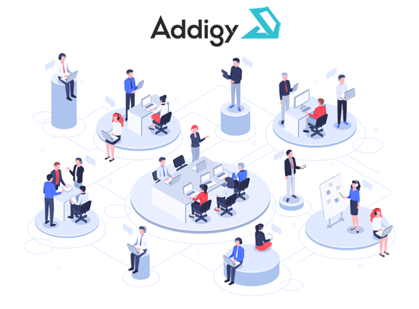 Illustration of office workers in separate teams using computers all connected with lines to represent Addigy MDM