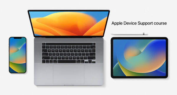 Apple devices arranged on a table to represent the Apple Device Support course